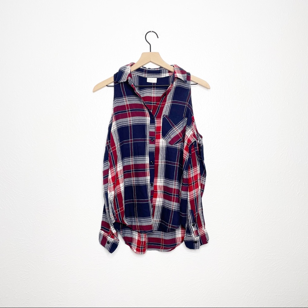 ABOUND Cold Shoulder Plaid Blouse